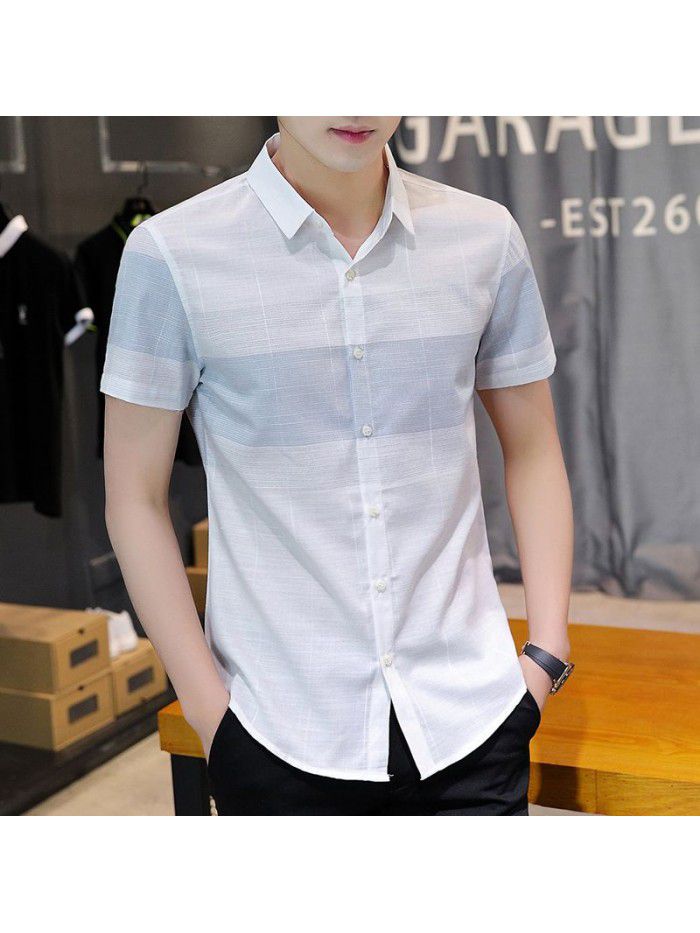  summer new men's short sleeve shirt fashion men's casual Plaid Lapel shirt cardigan men's thin top 