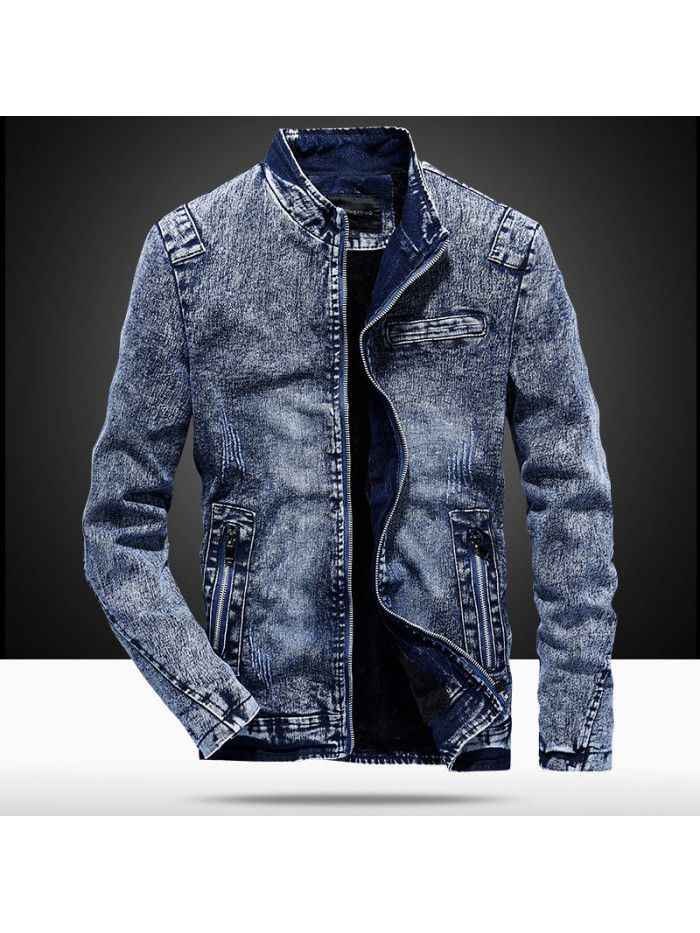 Men's Plush denim jacket autumn and winter  new Korean fashion casual slim warm collar jacket fashion 