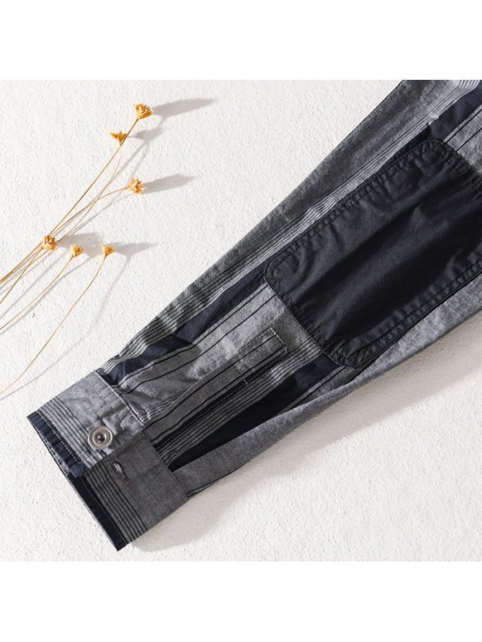Japanese fashion men's casual LONG SLEEVE SHIRT COTTON irregular stripe patchwork retro popular men's shirt 9387 
