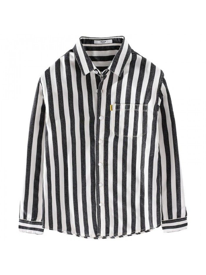 Men's Japanese fresh casual striped cotton shirt trend versatile fashion coat youth art cotton shirt 9724 