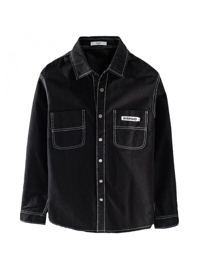 Spring and autumn men's long sleeve shirt Japanese retro trend men's coat black cotton casual cool top 9415 