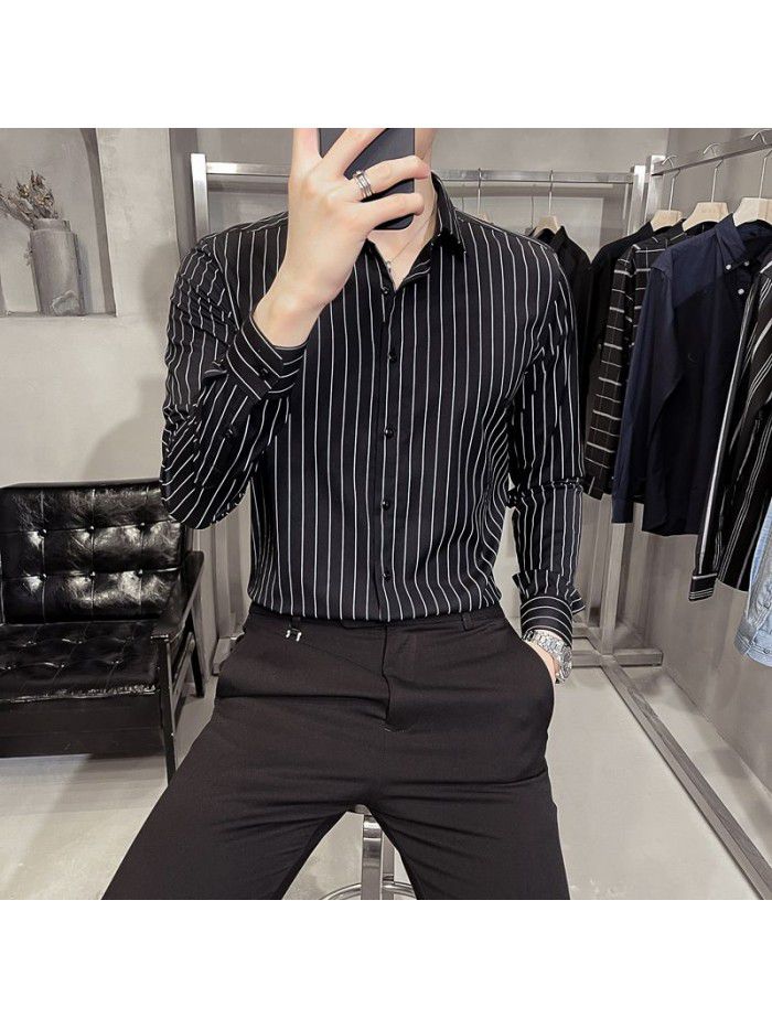  spring and summer shirt men's Korean version slim Lapel men's Striped Shirt Men's casual business professional shirt 