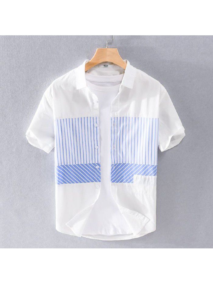 Fashion splicing summer new men's shirt stripe casual loose art small fresh thin cotton shirt 9738 