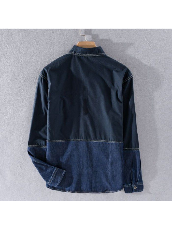 Spring and autumn men's casual Japanese retro stitched cotton shirt popular loose long sleeve youth trendy men's cotton shirt 9355 