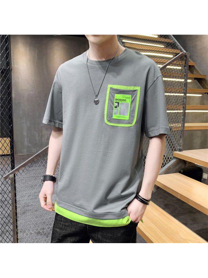  summer new men's T-shirt youth casual versatile half sleeve T-shirt loose tooling student top 