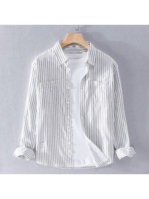 Handsome men's fashion striped long sleeve sh...