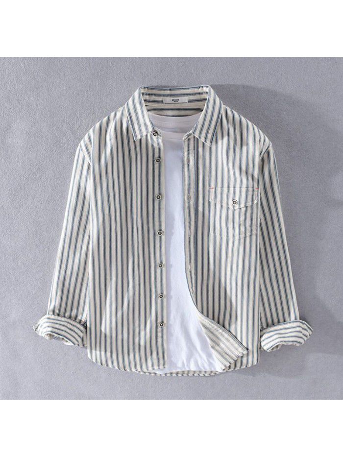 Men's spring and autumn casual stripe cotton shirt loose and comfortable youth Lapel classic fashion art cotton shirt 9352 