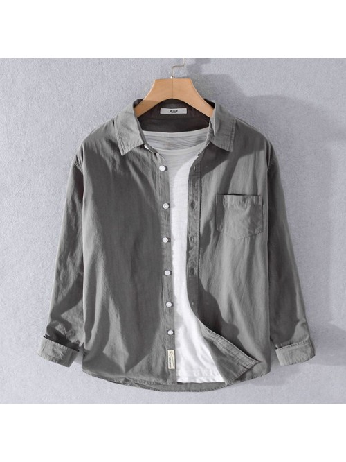 Men's cotton versatile Long Sleeve Shirt Whit...