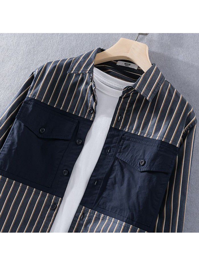 Japanese casual long sleeve men's shirt fashion stripe youth cotton shirt fashion men's color matching top 9730 