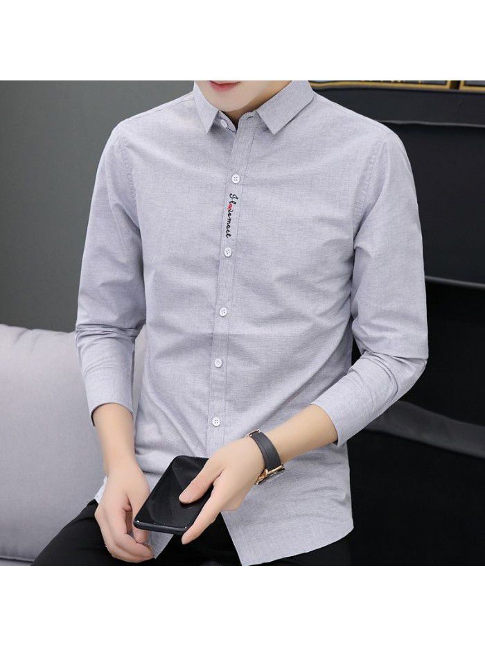 new men's leisure Long Sleeve Shirt Youth slim fit no iron shirt men's Korean fashion student 