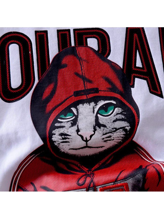 New summer cotton short sleeve men's T-shirt kitten letter printing loose men's casual T-shirt 8909 