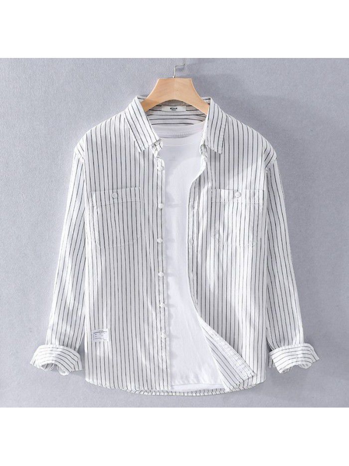 Handsome men's fashion striped long sleeve shirt Japanese fresh simple versatile cotton popular young men's shirt 9398 