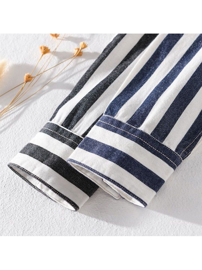 Men's Japanese fresh casual striped cotton shirt trend versatile fashion coat youth art cotton shirt 9724 