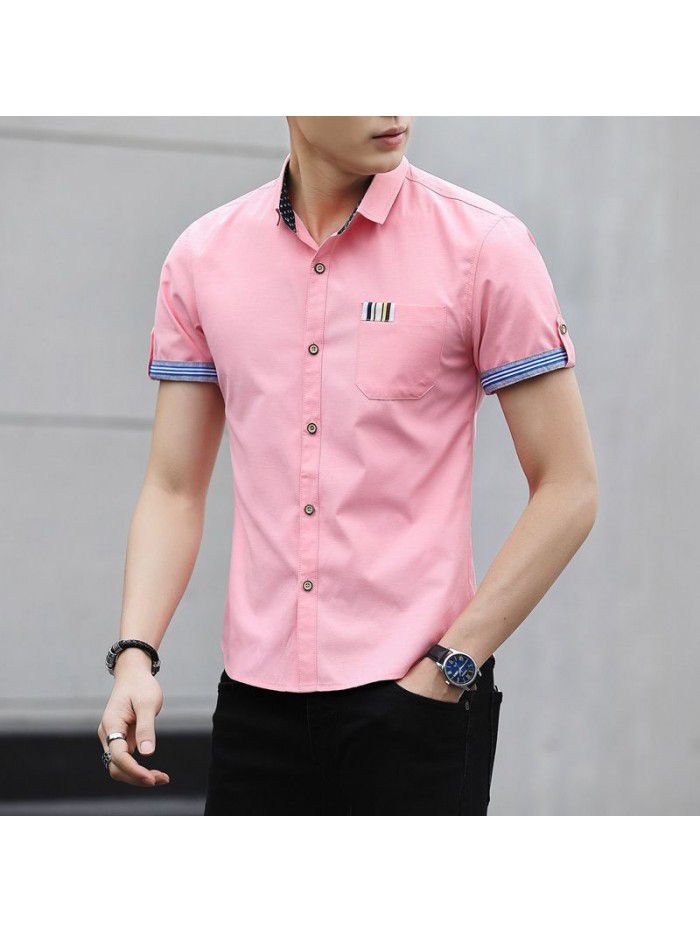 Men's shirt popular in summer of , Korean version, slim fit, solid color, versatile half sleeve shirt, men's shirt, one hair substitute 