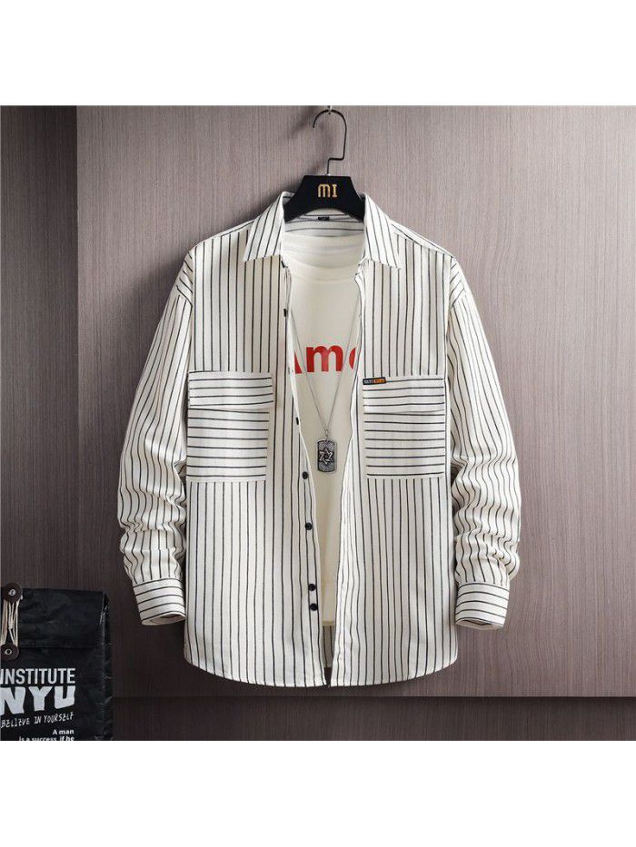 Autumn men's long sleeve shirt Korean casual Stripe Shirt Men's cotton shirt cardigan men's top 