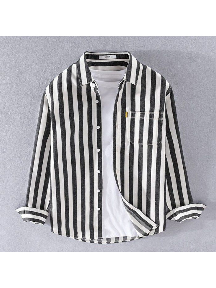 Men's Japanese fresh casual striped cotton shirt trend versatile fashion coat youth art cotton shirt 9724 