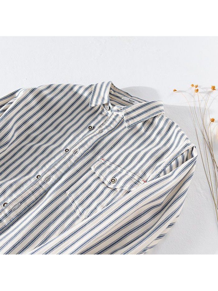 Men's spring and autumn casual stripe cotton shirt loose and comfortable youth Lapel classic fashion art cotton shirt 9352 