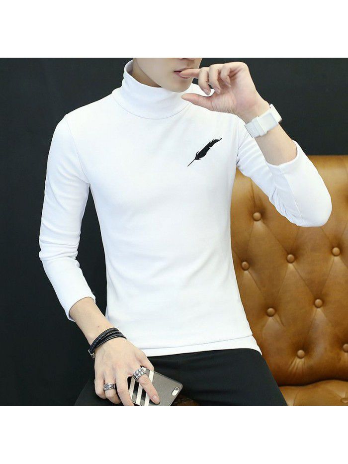 autumn new youth t-shirt Korean leisure student feather embroidery Plush long sleeve high collar T-shirt male 