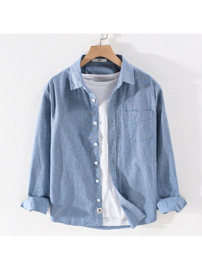 Men's casual simple four seasons Cotton Long Sleeve Shirt loose youth versatile pure color art cotton shirt 9422 