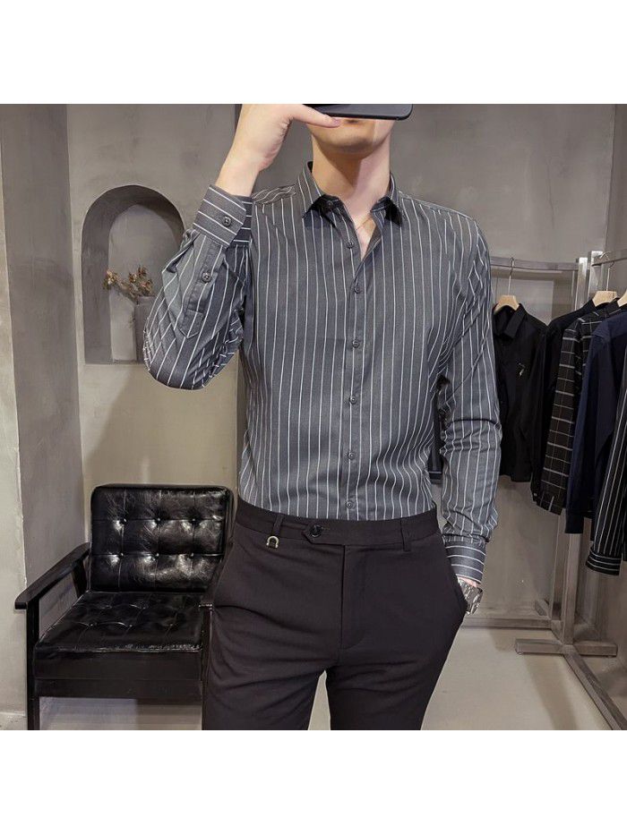  spring and summer shirt men's Korean version slim Lapel men's Striped Shirt Men's casual business professional shirt 