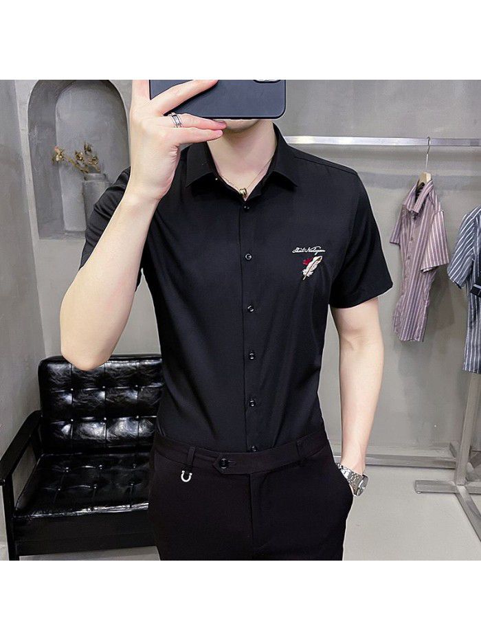  summer new men's Short Sleeve Shirt Korean casual Lapel Plaid professional thin short sleeve shirt men's 