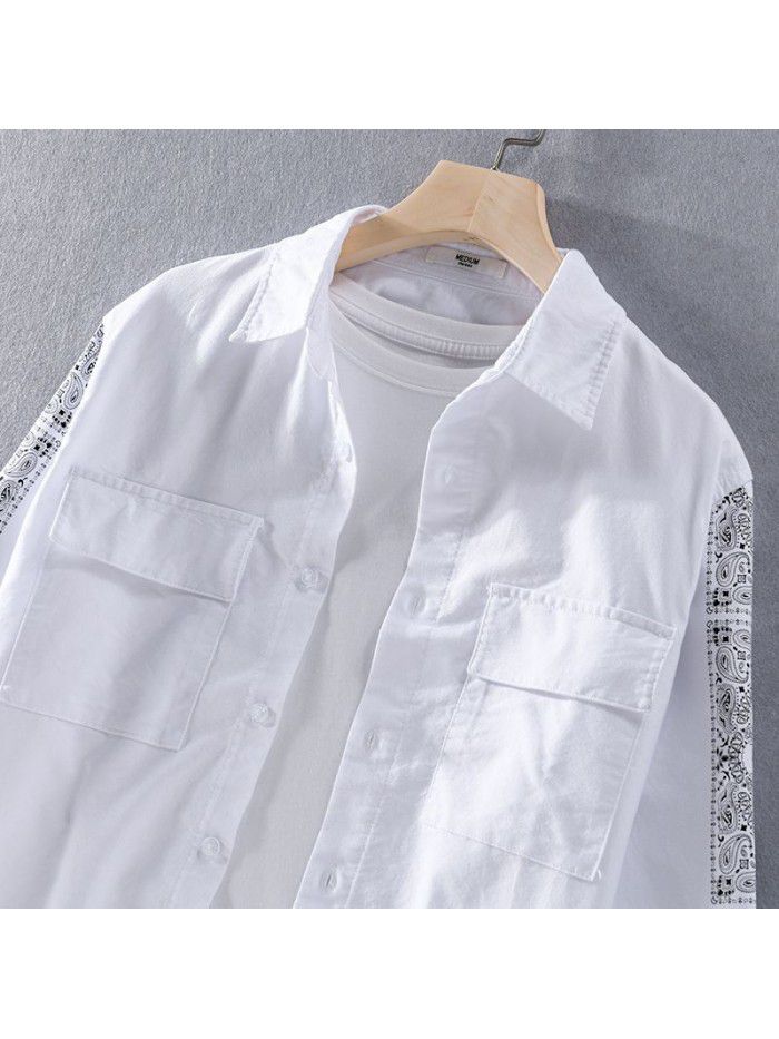 Men's Japanese comfortable printing long sleeve cotton shirt spring new trend handsome youth art shirt 9443 
