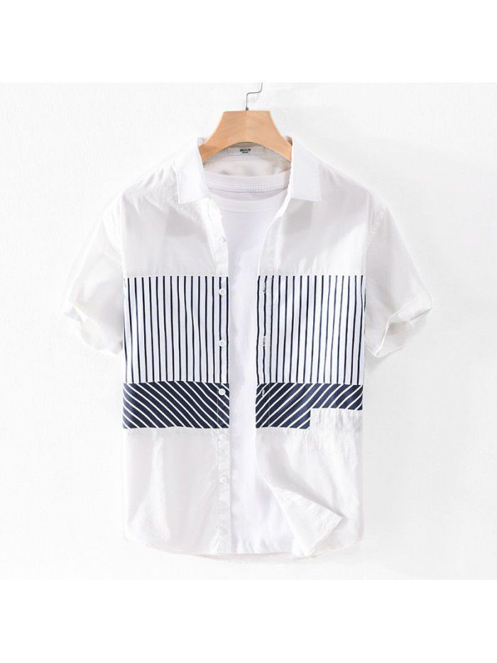 Fashion splicing summer new men's shirt stripe casual loose art small fresh thin cotton shirt 9738 