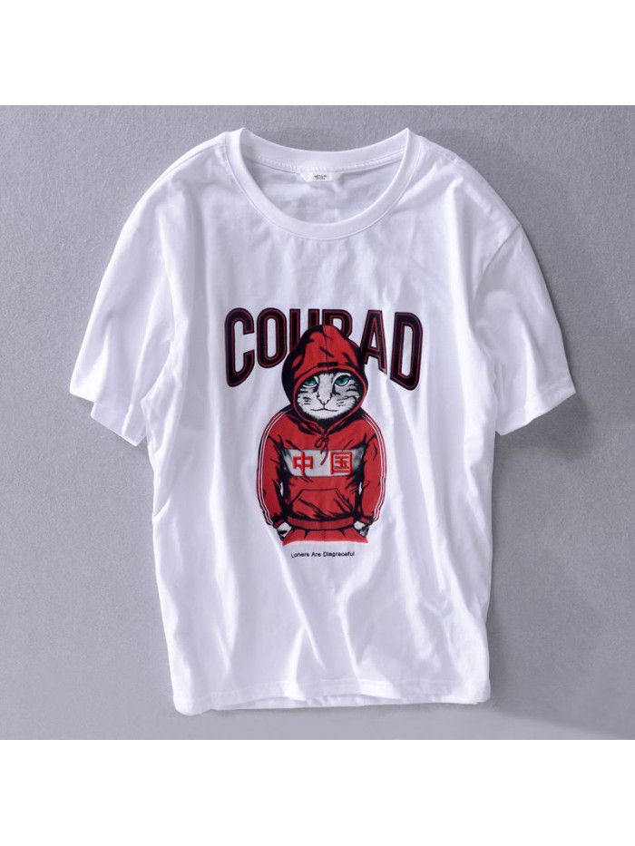 New summer cotton short sleeve men's T-shirt kitten letter printing loose men's casual T-shirt 8909 