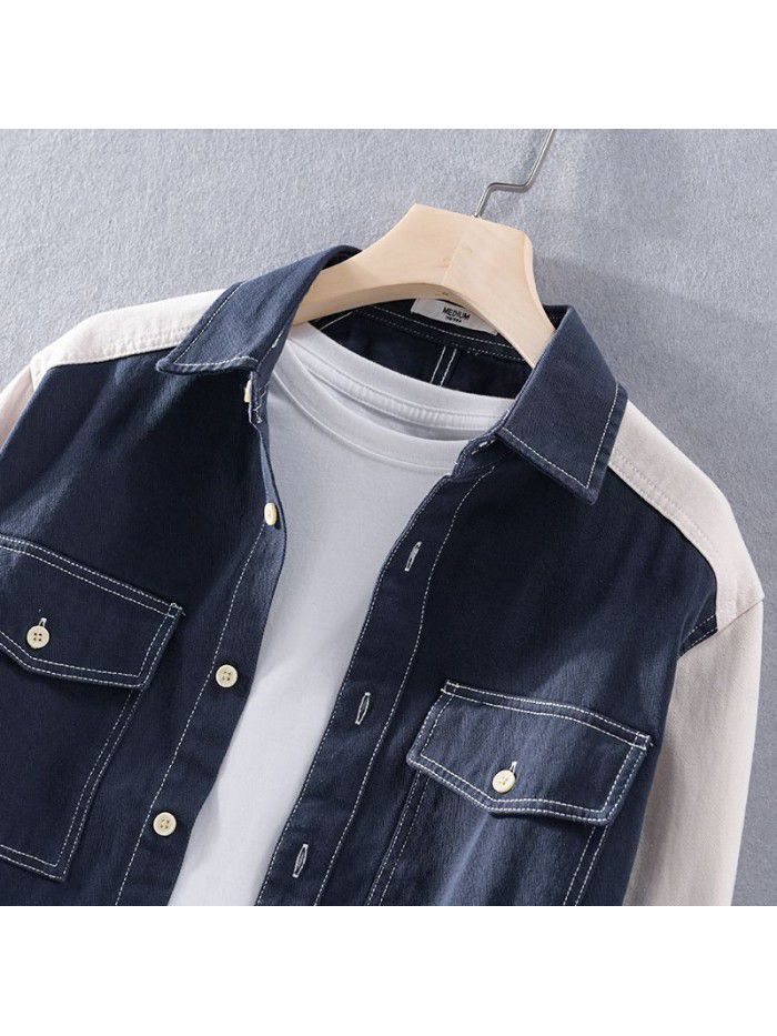 Spring new men's color matching cotton shirt fashion men's casual cool popular Japanese shirt men's 9450 