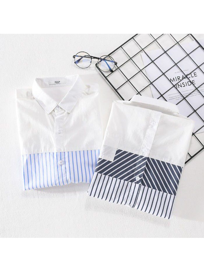 Fashion splicing summer new men's shirt stripe casual loose art small fresh thin cotton shirt 9738 