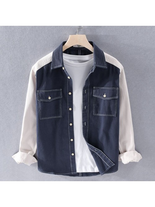 Spring new men's color matching cotton shirt ...