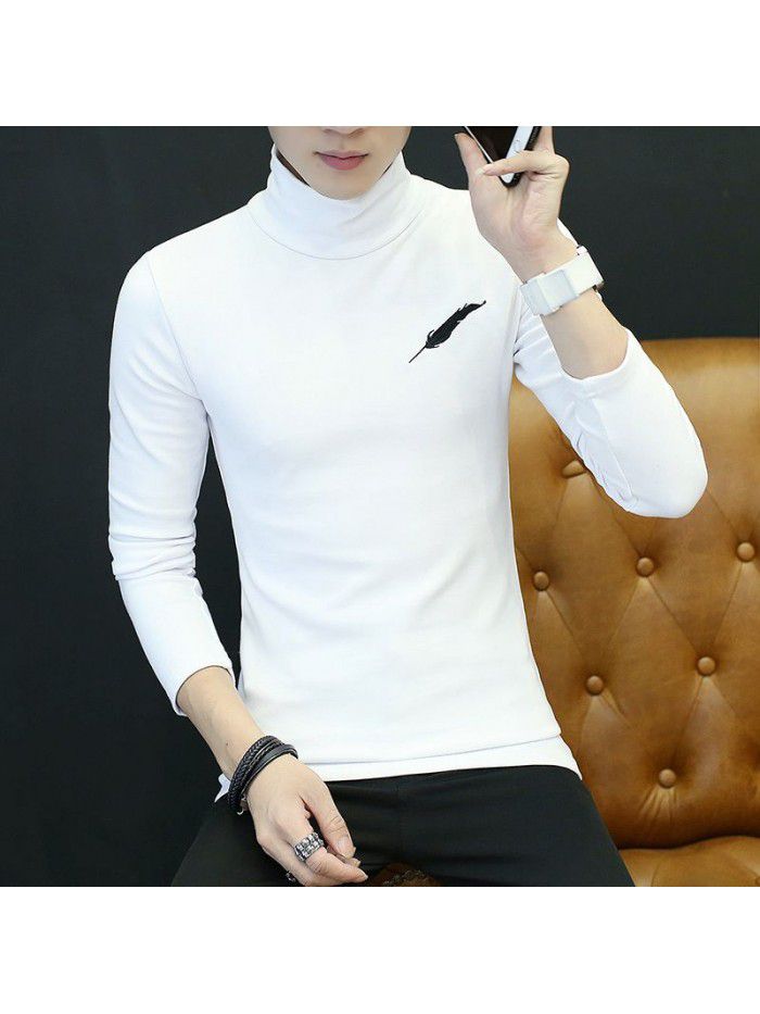 autumn new youth t-shirt Korean leisure student feather embroidery Plush long sleeve high collar T-shirt male 