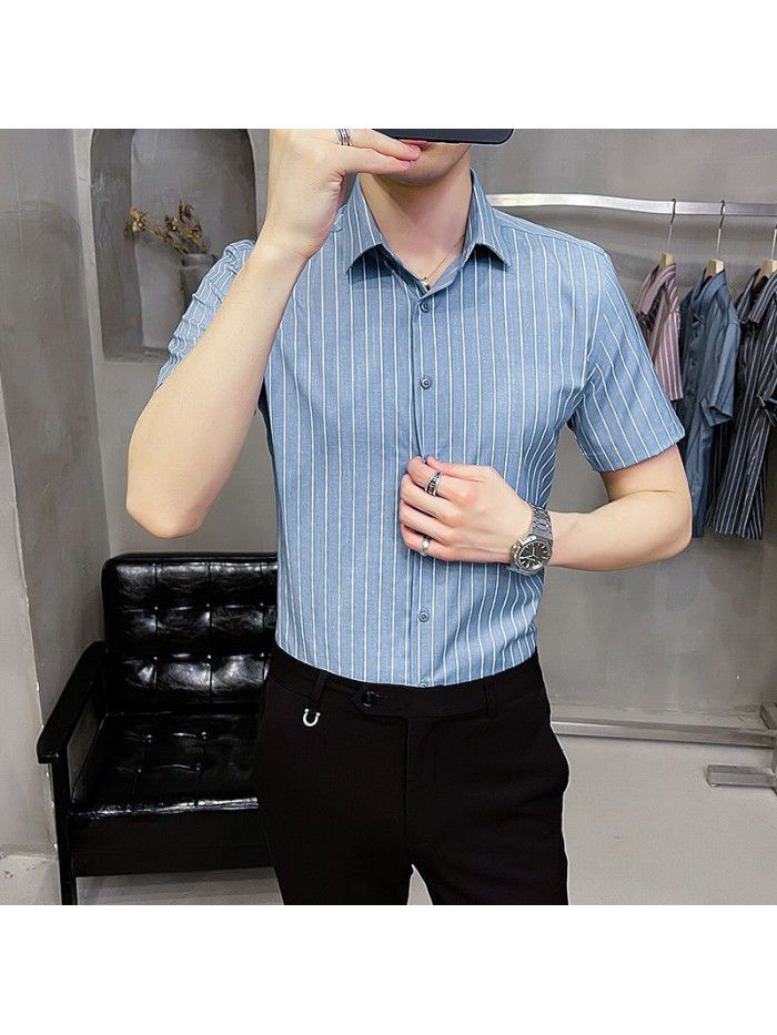  summer new men's Short Sleeve Shirt Korean casual Lapel Plaid professional thin short sleeve shirt men's 