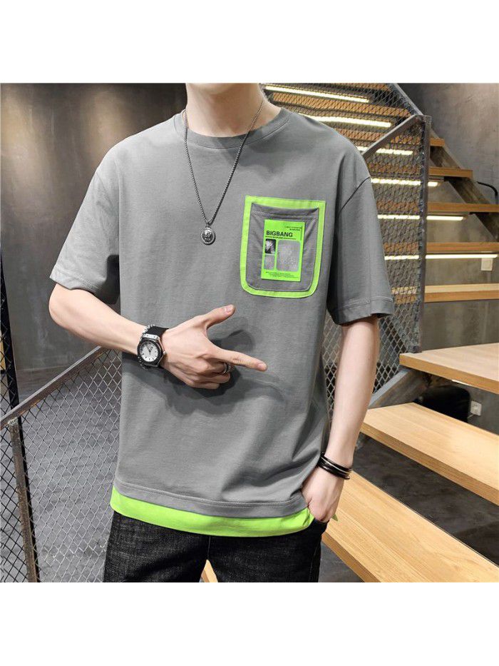  summer new men's T-shirt youth casual versatile half sleeve T-shirt loose tooling student top 