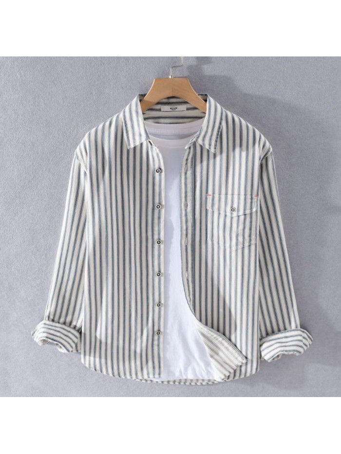 Men's spring and autumn casual stripe cotton shirt loose and comfortable youth Lapel classic fashion art cotton shirt 9352 