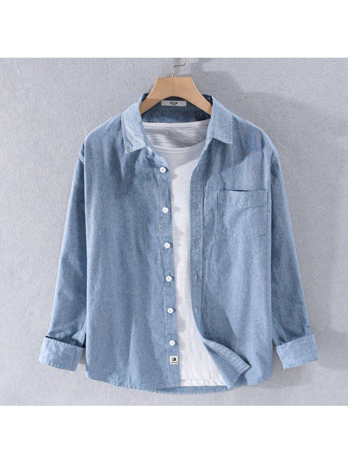 Men's casual simple four seasons Cotton Long Sleeve Shirt loose youth versatile pure color art cotton shirt 9422 