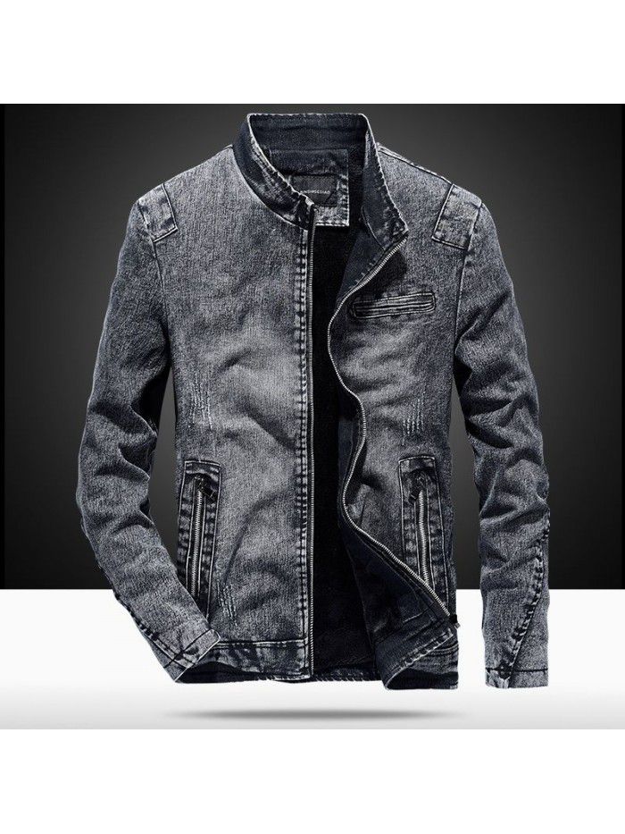 Men's Plush denim jacket autumn and winter  new Korean fashion casual slim warm collar jacket fashion 