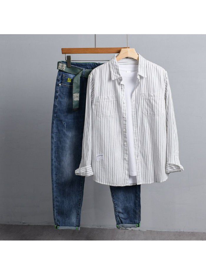 Handsome men's fashion striped long sleeve shirt Japanese fresh simple versatile cotton popular young men's shirt 9398 
