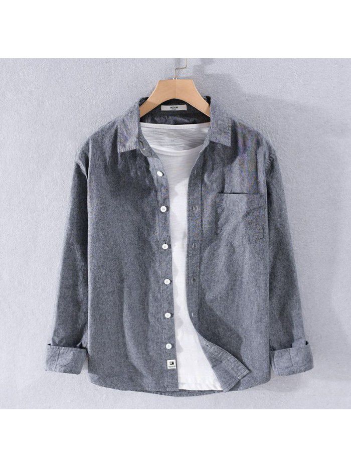 Men's casual simple four seasons Cotton Long Sleeve Shirt loose youth versatile pure color art cotton shirt 9422 