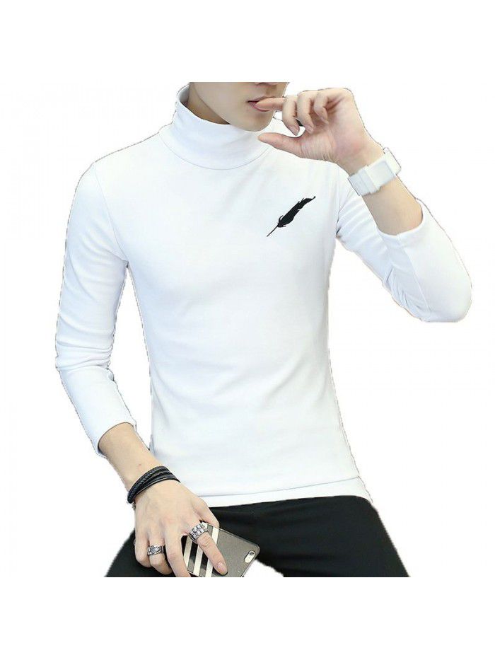 autumn new youth t-shirt Korean leisure student feather embroidery Plush long sleeve high collar T-shirt male 