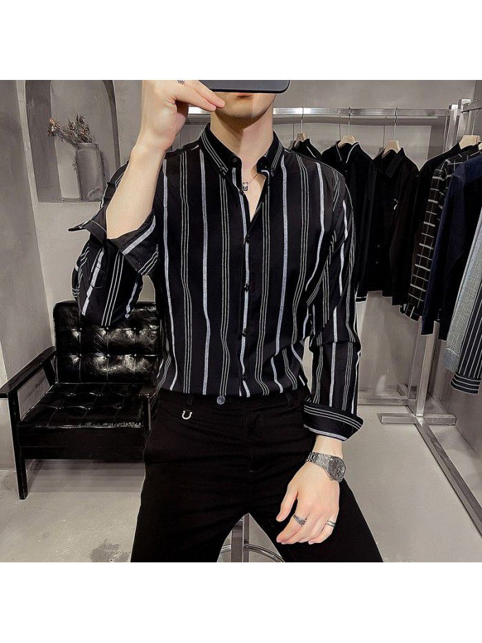  spring and summer shirt men's Korean version slim Lapel men's Striped Shirt Men's casual business professional shirt 