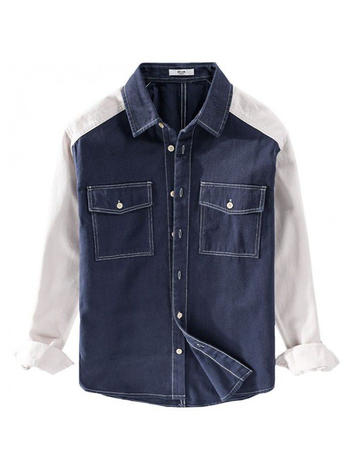 Spring new men's color matching cotton shirt fashion men's casual cool popular Japanese shirt men's 9450 