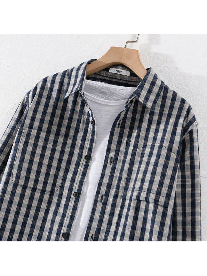 In spring and autumn, men's small Plaid literature and art leisure long sleeve shirt is popular, Japanese small fresh pure cotton shirt 9403 