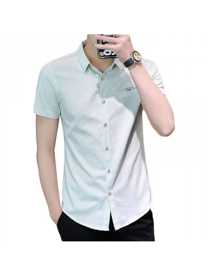 summer new men's short sleeve shirt fashion men's casual Plaid Lapel shirt cardigan men's thin top 