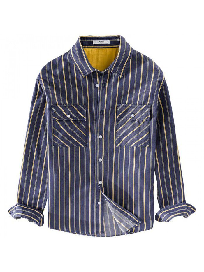 Men's spring and autumn casual stripe Japanese and Korean fashion shirt pure cotton loose and handsome versatile fashionable men's cotton shirt 9345 