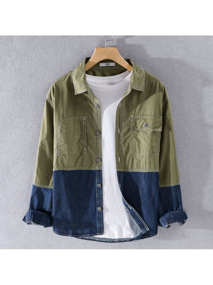 Spring and autumn men's casual Japanese retro stitched cotton shirt popular loose long sleeve youth trendy men's cotton shirt 9355 