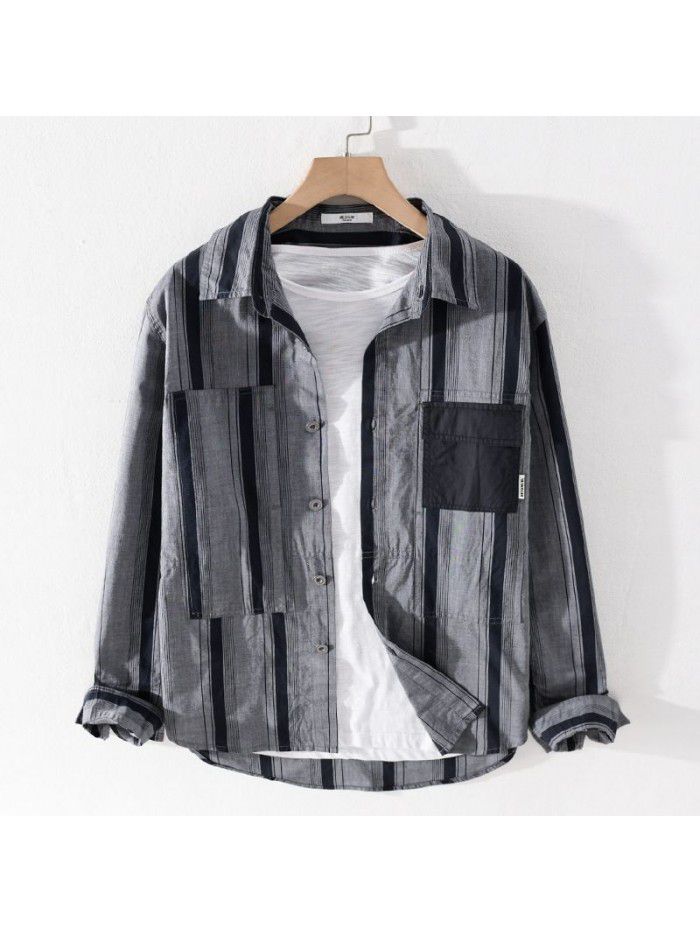 Japanese fashion men's casual LONG SLEEVE SHIRT COTTON irregular stripe patchwork retro popular men's shirt 9387 