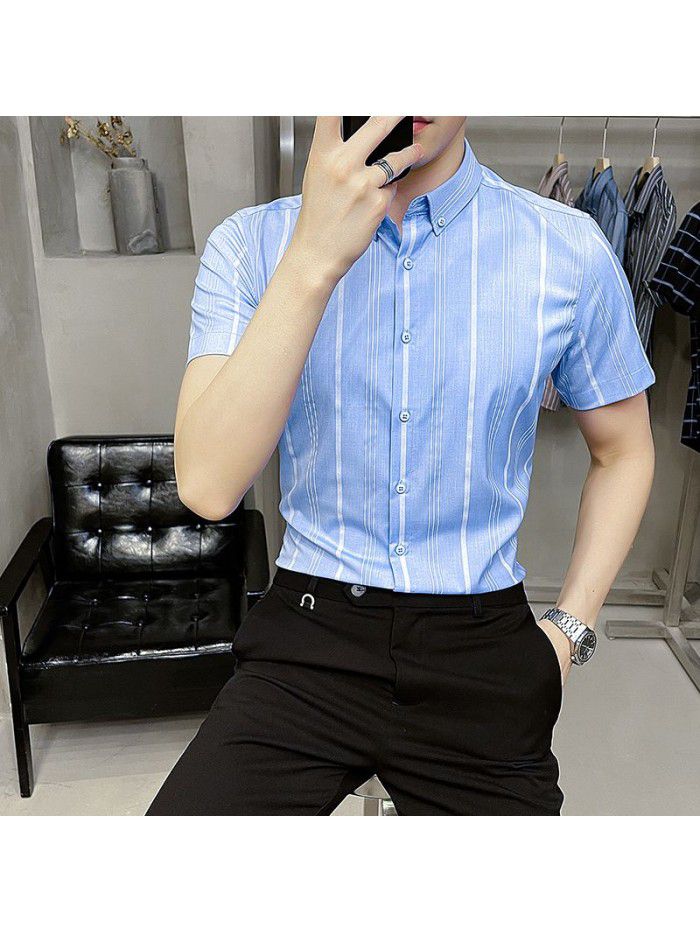  summer new men's Short Sleeve Shirt Korean casual Lapel Plaid professional thin short sleeve shirt men's 