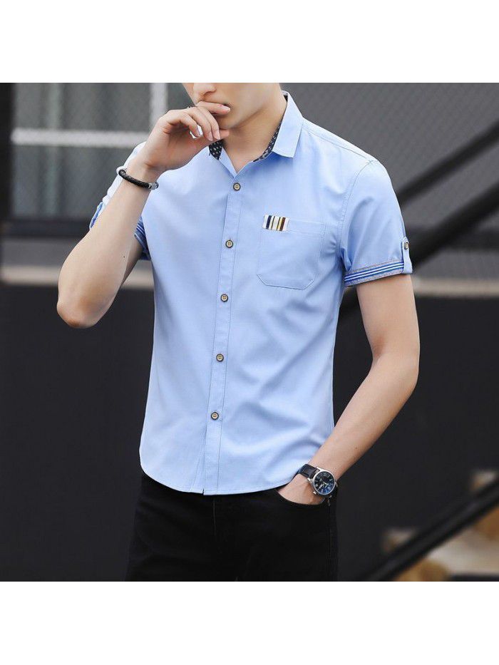 Men's shirt popular in summer of , Korean version, slim fit, solid color, versatile half sleeve shirt, men's shirt, one hair substitute 