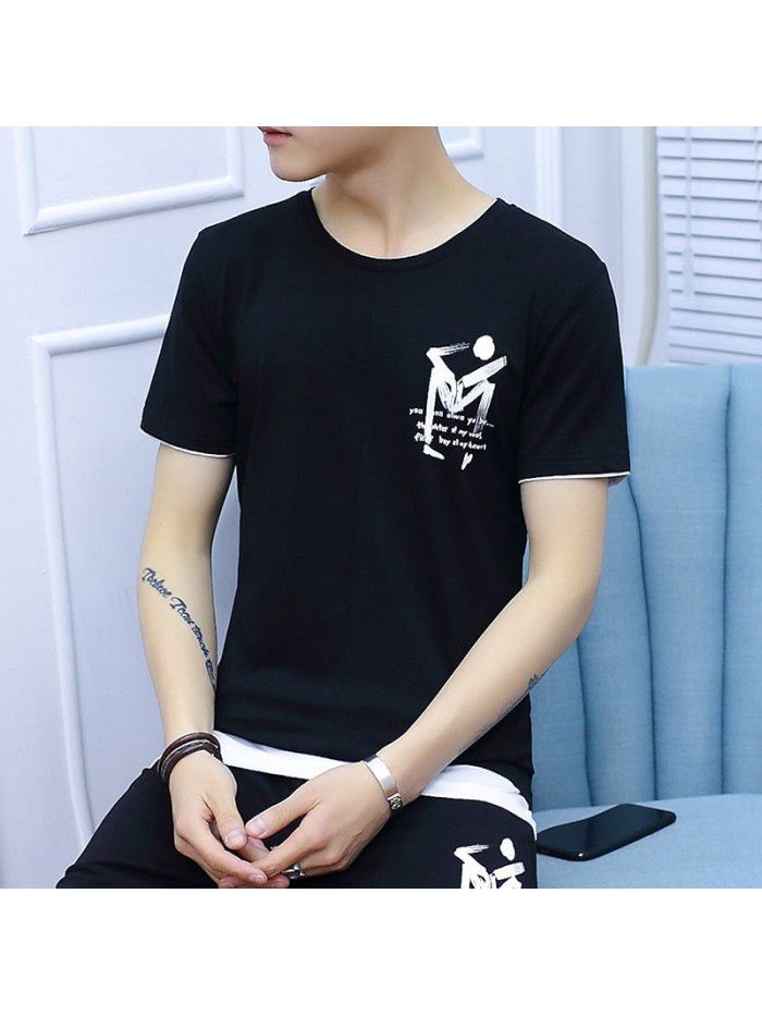  summer new short sleeve t-shirt men's slim fitting men's T-shirt round neck trend half sleeve T-shirt breathable base shirt 